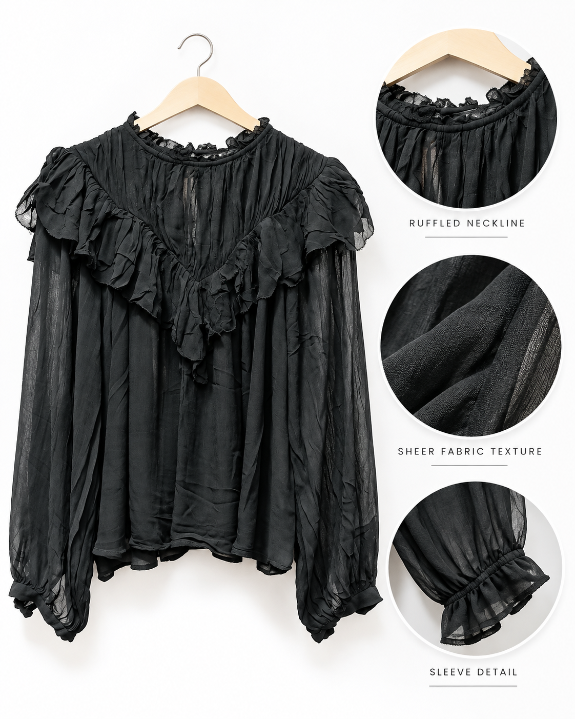 Black Ruffle Chiffon Blouse by Poshiza, view 3