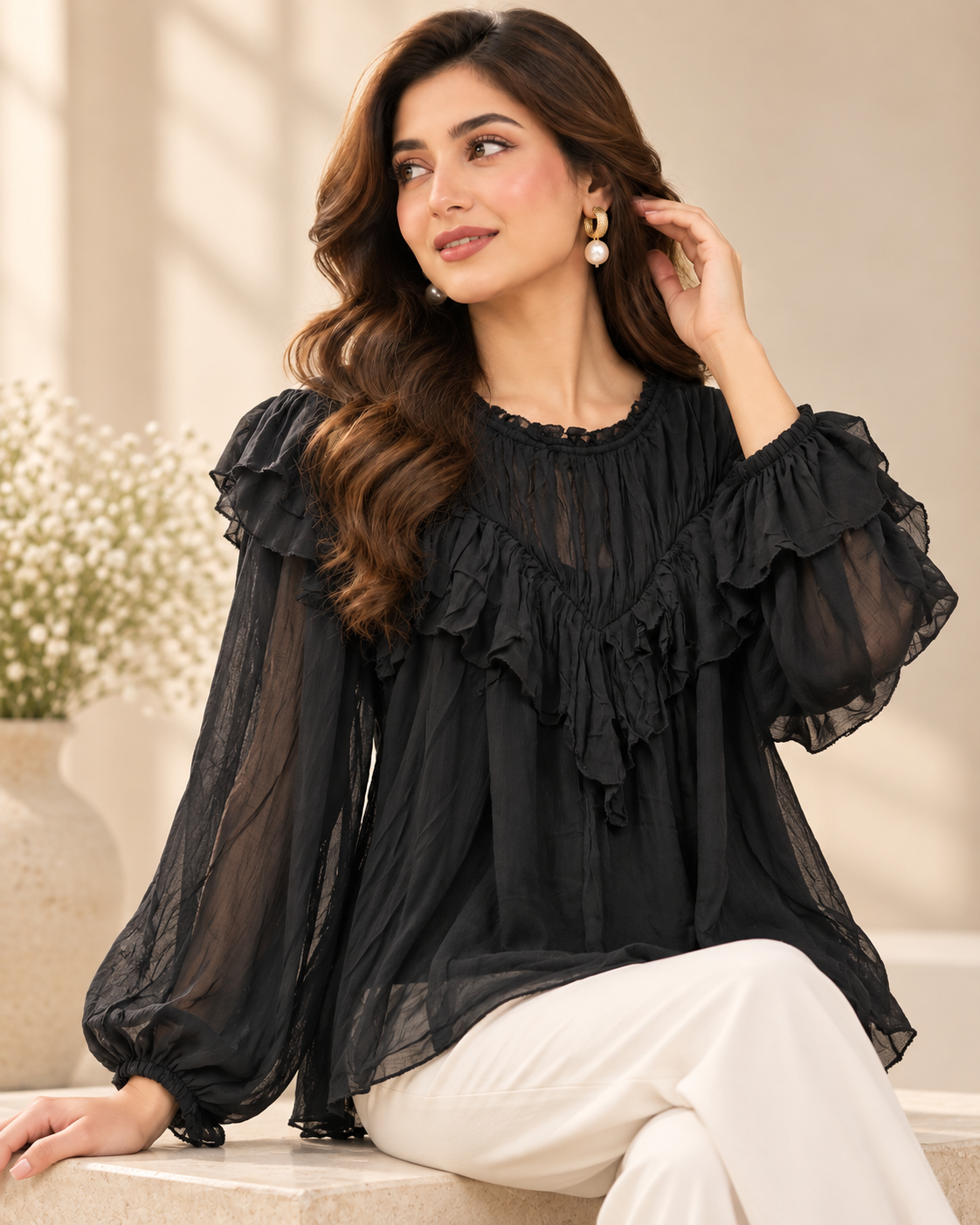 Black Ruffle Chiffon Blouse by Poshiza, view 4