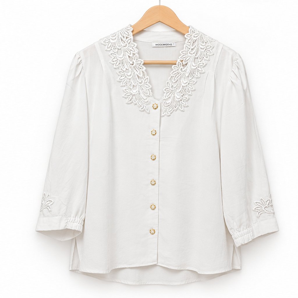 White Lace Yoke Button Front Blouse by Poshiza, view 2