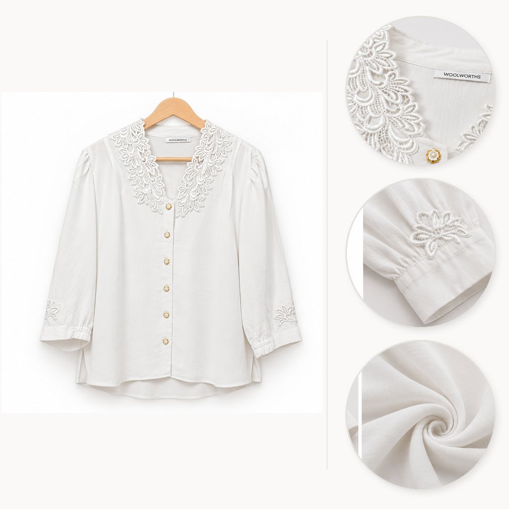 White Lace Yoke Button Front Blouse by Poshiza, view 3