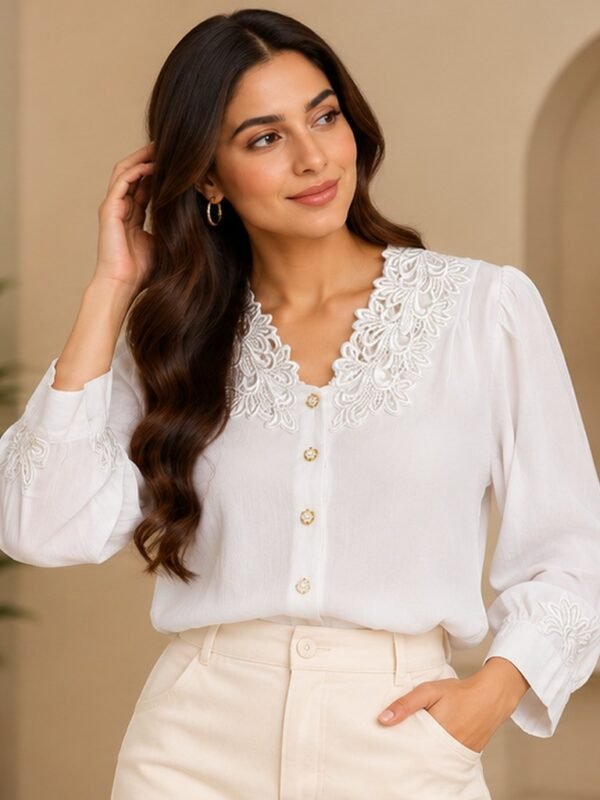 White Lace Yoke Button Front Blouse by Poshiza, view 1