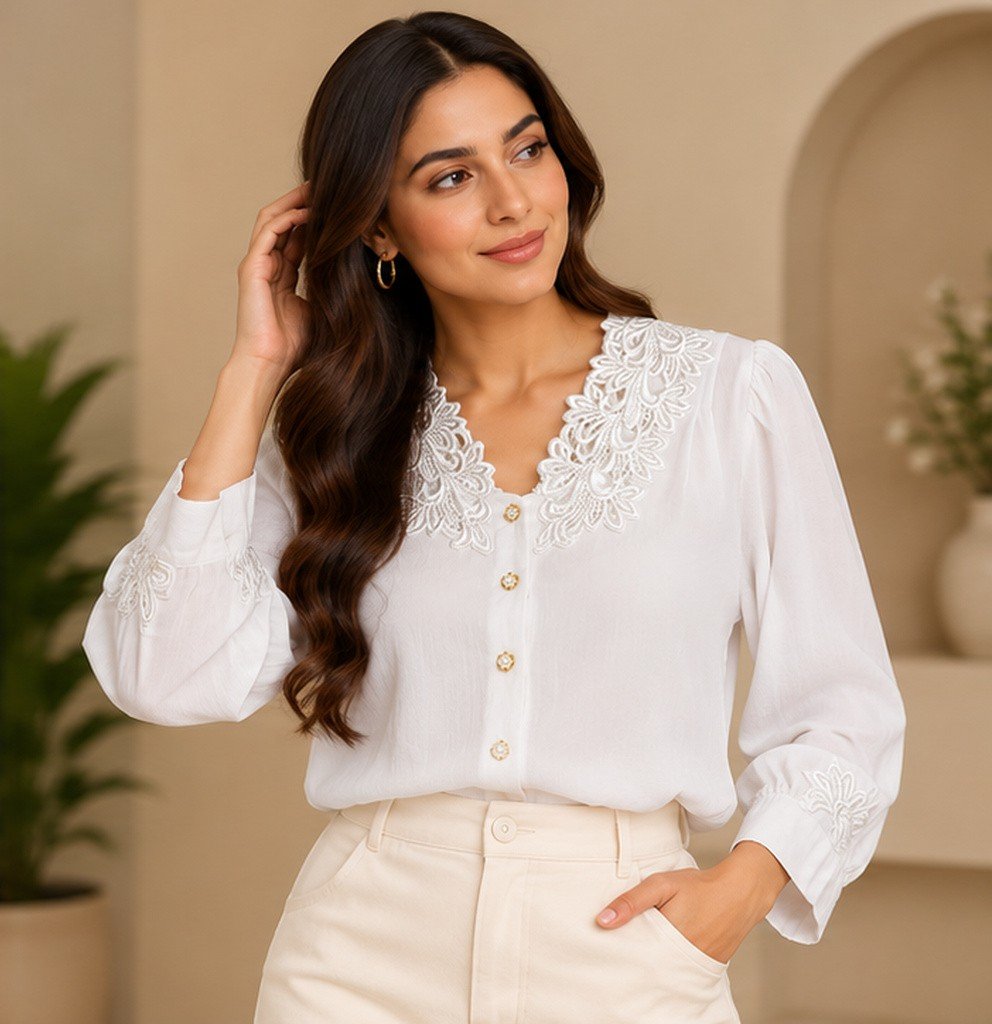 White Lace Yoke Button Front Blouse by Poshiza, view 1
