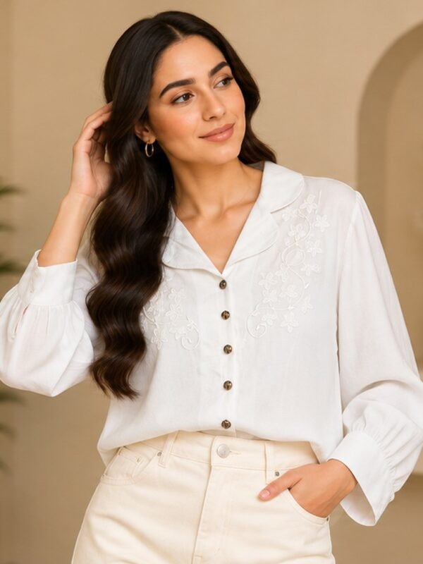 White Round Collar Button Front Blouse by Poshiza, view 1