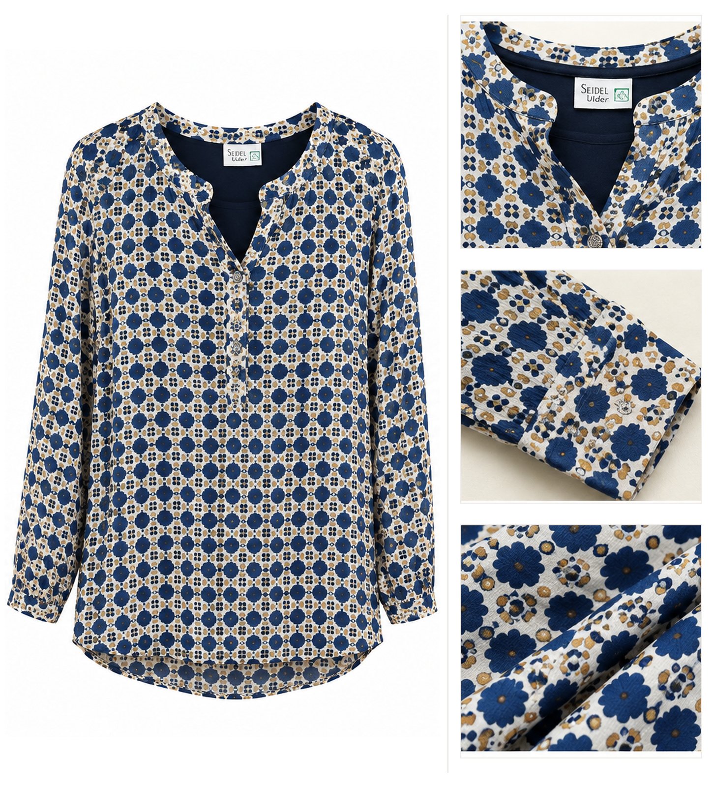 Navy Diamond Print Notch Neck Top by Poshiza, view 3