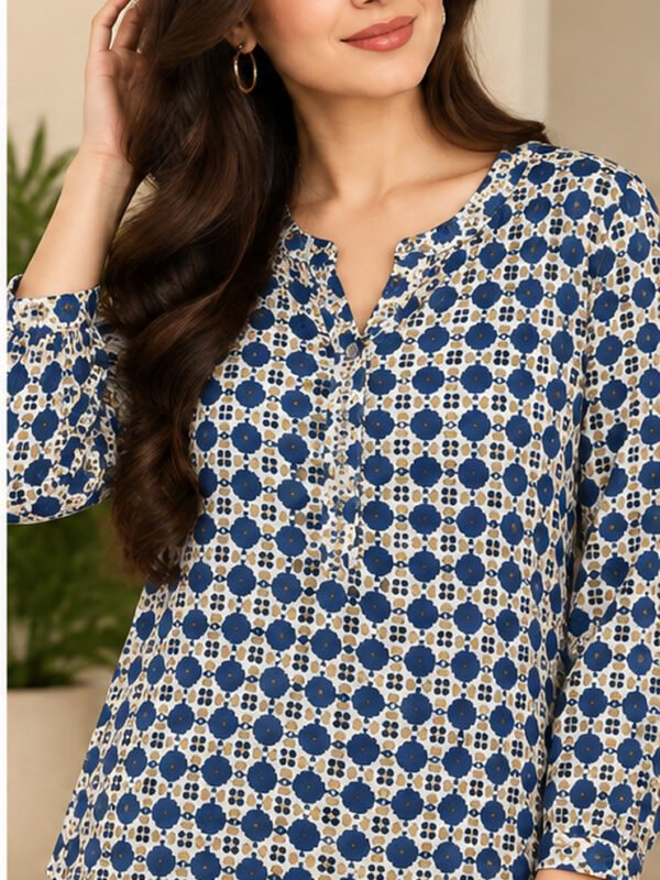 Navy Diamond Print Notch Neck Top by Poshiza, view 1