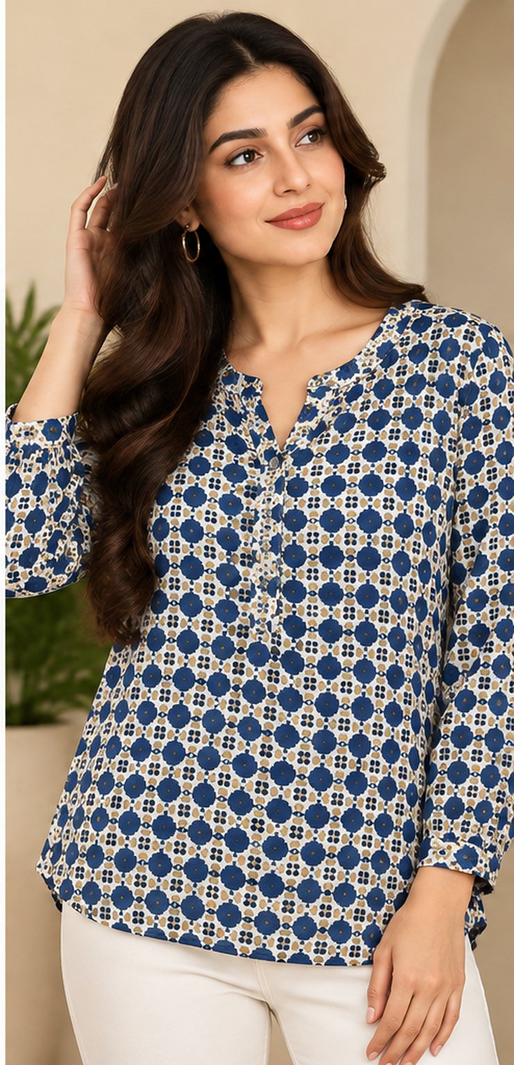 Navy Diamond Print Notch Neck Top by Poshiza, view 1
