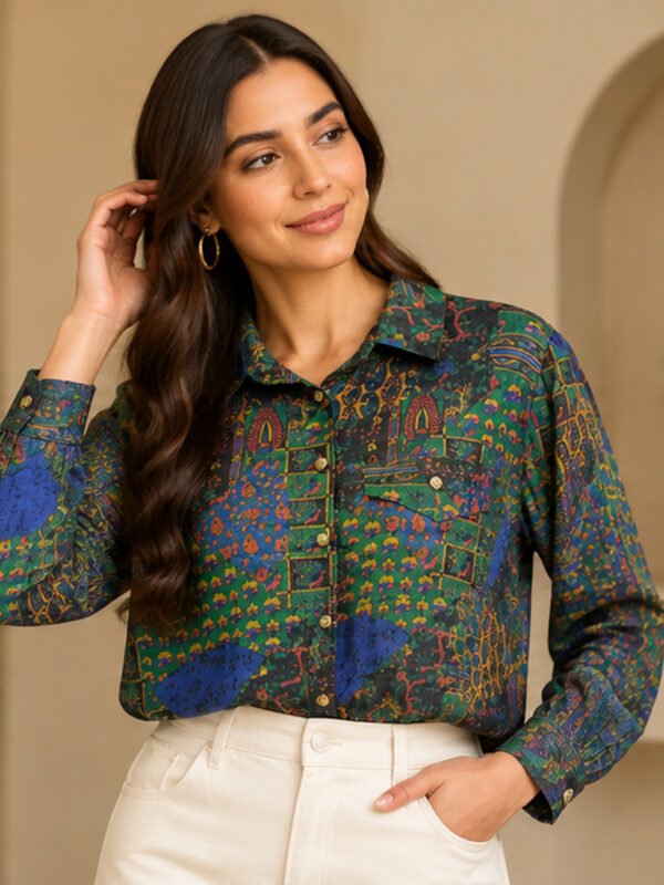 Green and Blue Abstract Print Shirt by Poshiza, view 1