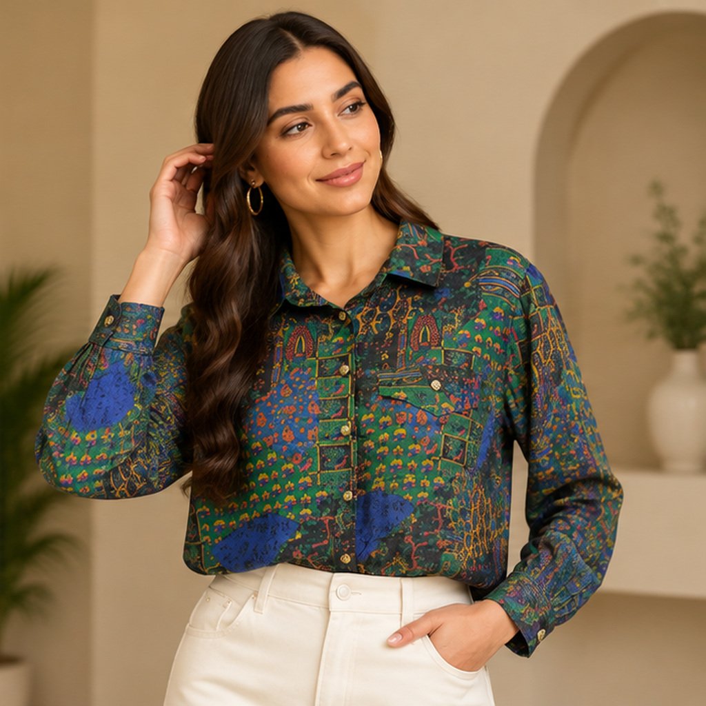 Green and Blue Abstract Print Shirt by Poshiza, view 1