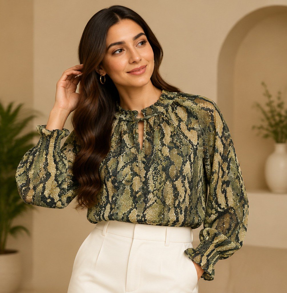 Olive Snakeskin Print Blouse by Poshiza, view 1