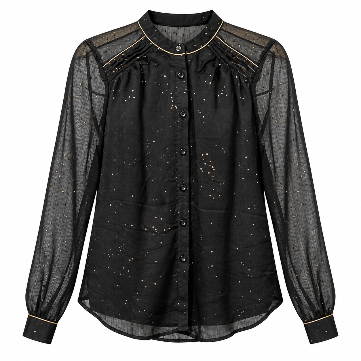 Black Sheer Sleeve Pleated Blouse by Poshiza, view 2