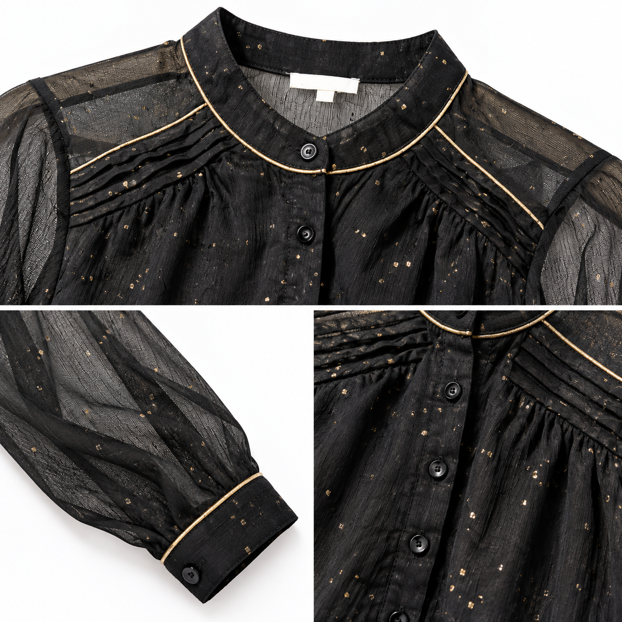 Black Sheer Sleeve Pleated Blouse by Poshiza, view 3
