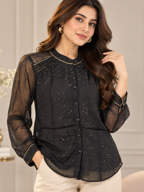 Black Sheer Sleeve Pleated Blouse by Poshiza, view 1