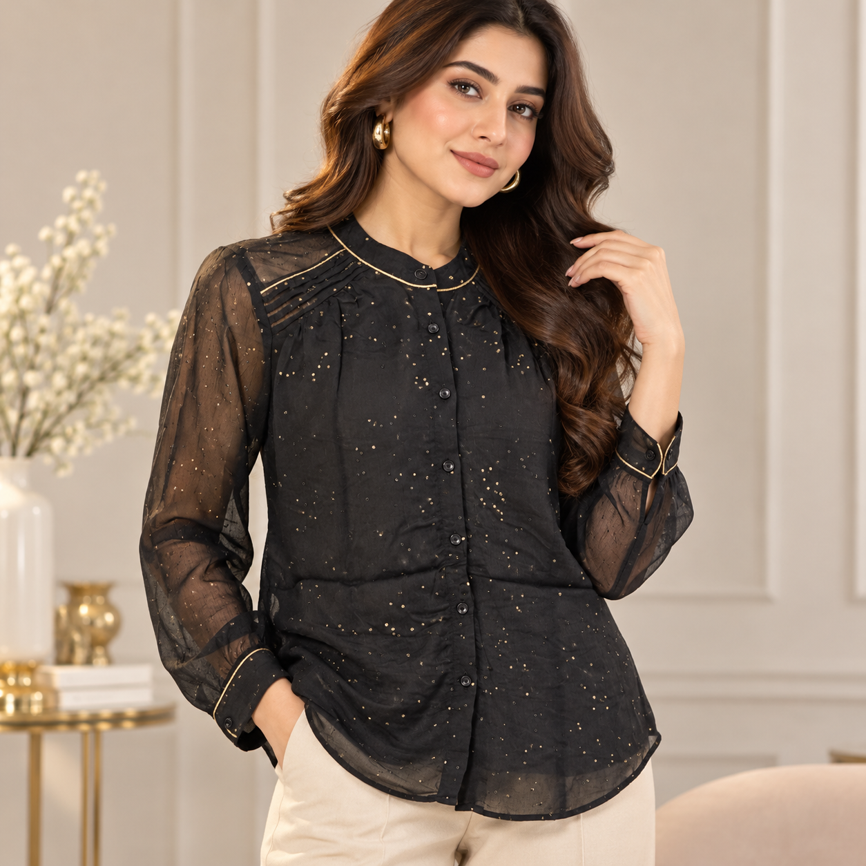 Black Sheer Sleeve Pleated Blouse by Poshiza, view 1