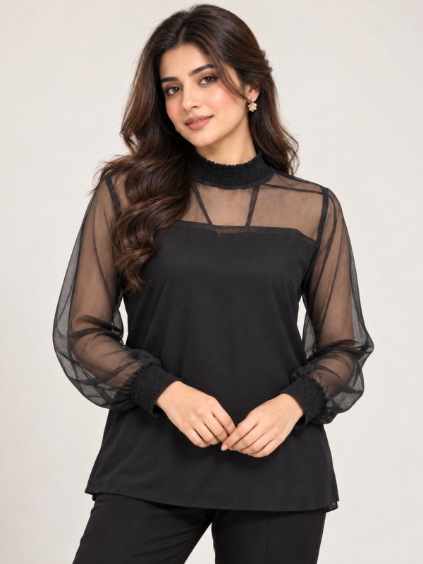 Black Sheer Yoke Blouse by Poshiza, view 1