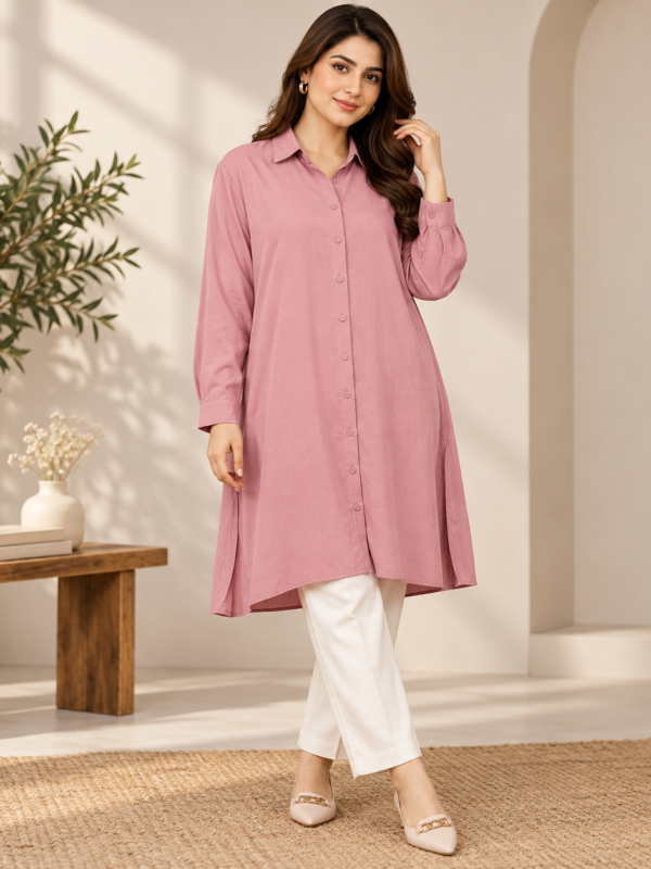 Pink Long Button Down Shirt by Poshiza, view 1