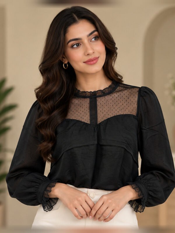 Black Lace Yoke Pleated Blouse by Poshiza, view 1