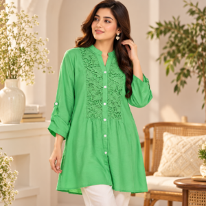 Green Ruffle Front Tunic Top by Poshiza, view 1