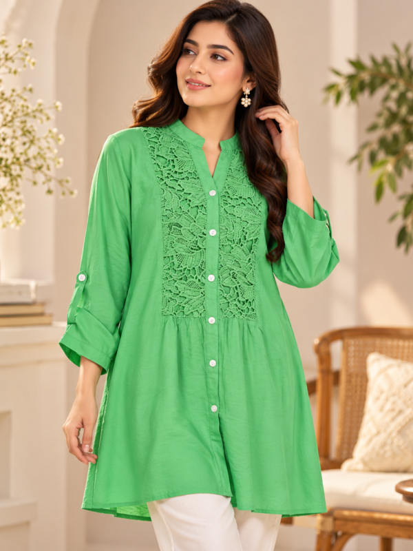 Green Ruffle Front Tunic Top by Poshiza, view 1