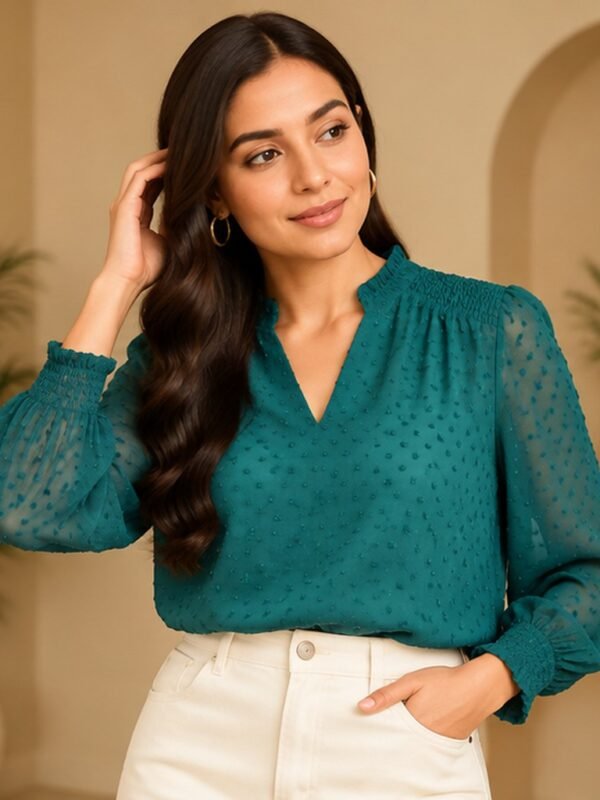 Teal Sheer Sleeve V Neck Blouse by Poshiza, view 1