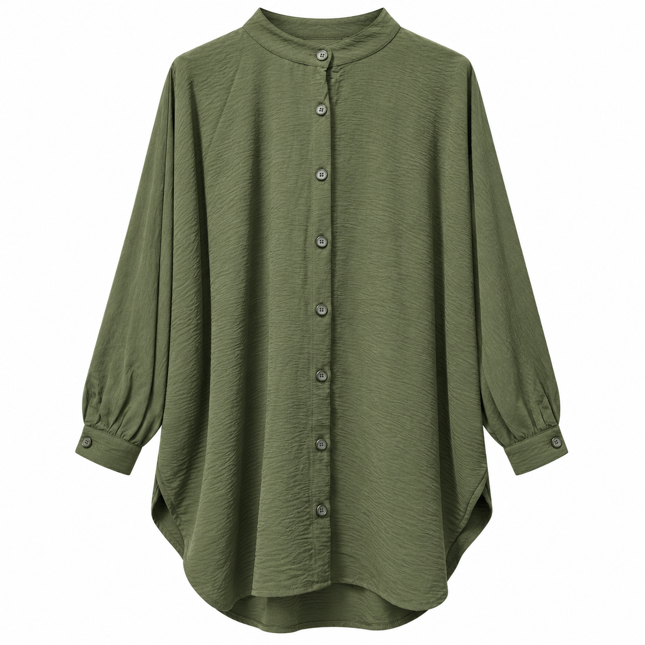 Olive Green Band Collar Tunic Shirt by Poshiza, view 2