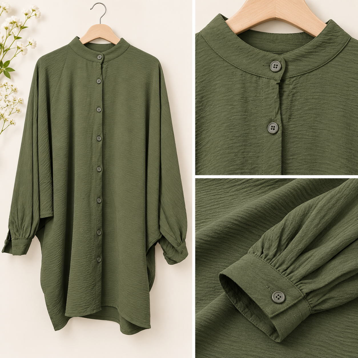 Olive Green Band Collar Tunic Shirt by Poshiza, view 3