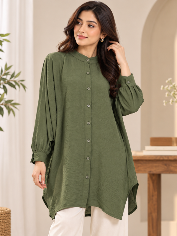 Olive Green Band Collar Tunic Shirt by Poshiza, view 1