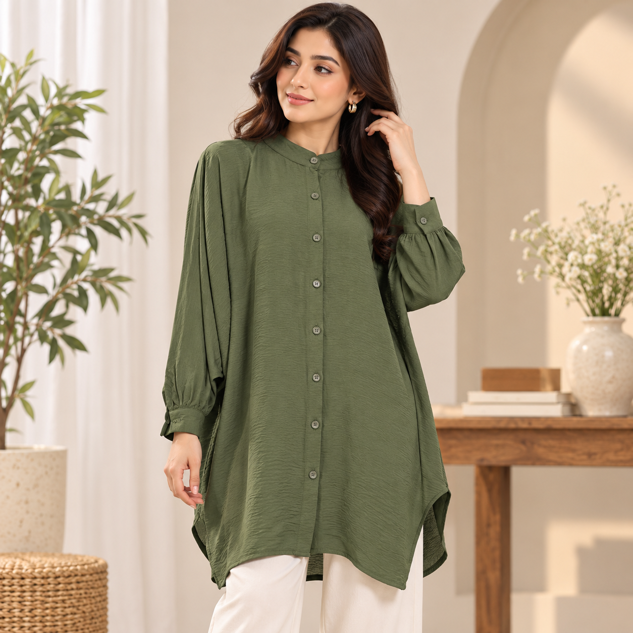 Olive Green Band Collar Tunic Shirt by Poshiza, view 1