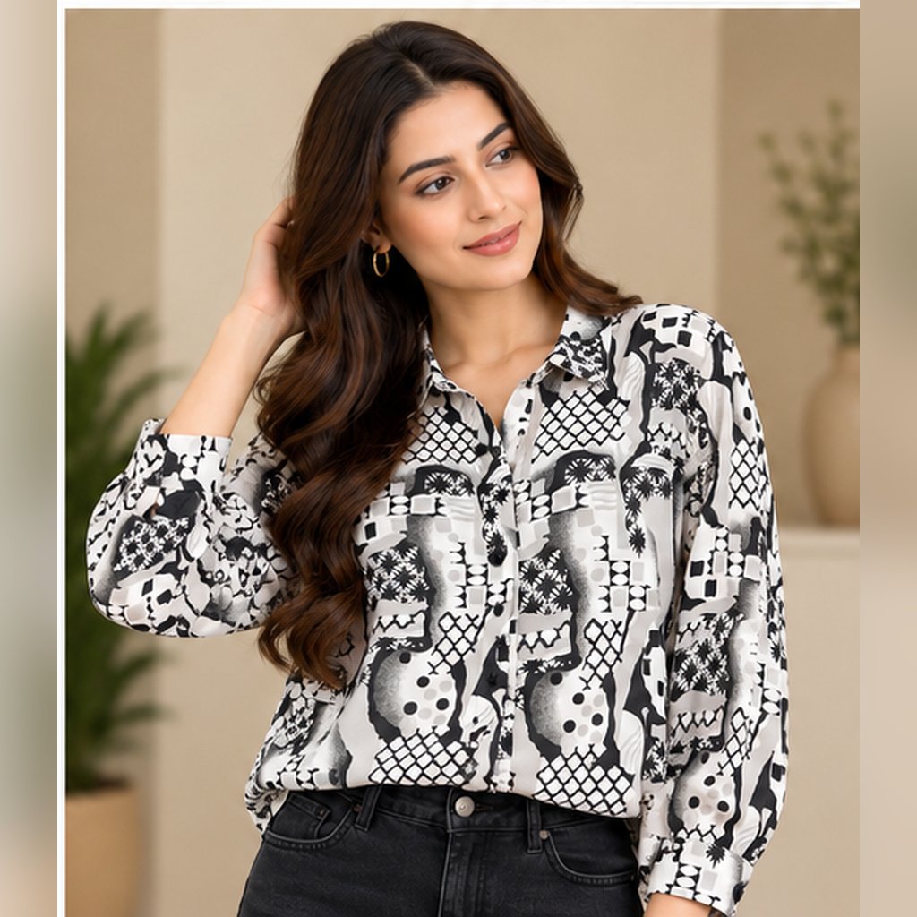Black and White Abstract Print Shirt by Poshiza, view 1