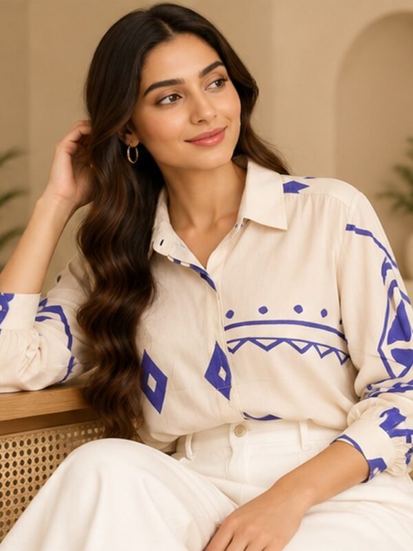 Ivory and Blue Geometric Print Shirt by Poshiza, view 1