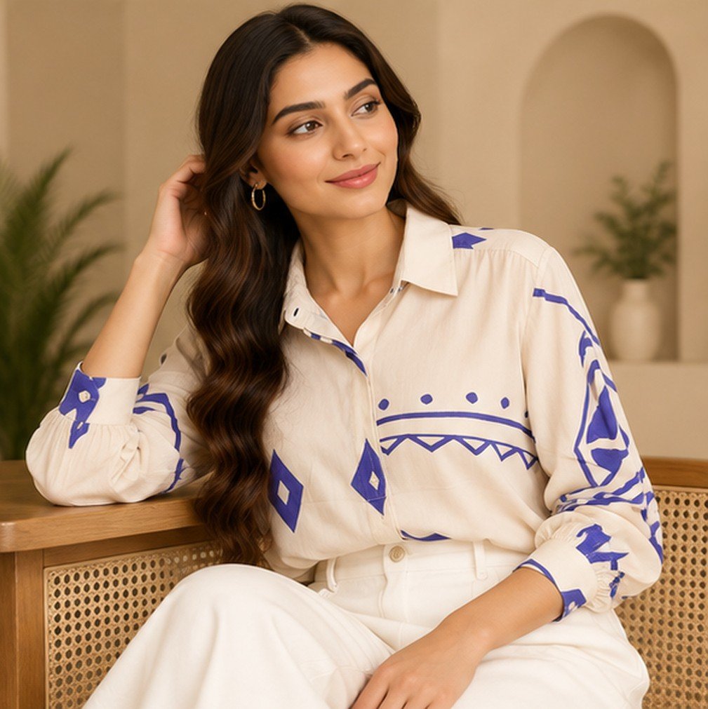 Ivory and Blue Geometric Print Shirt by Poshiza, view 1
