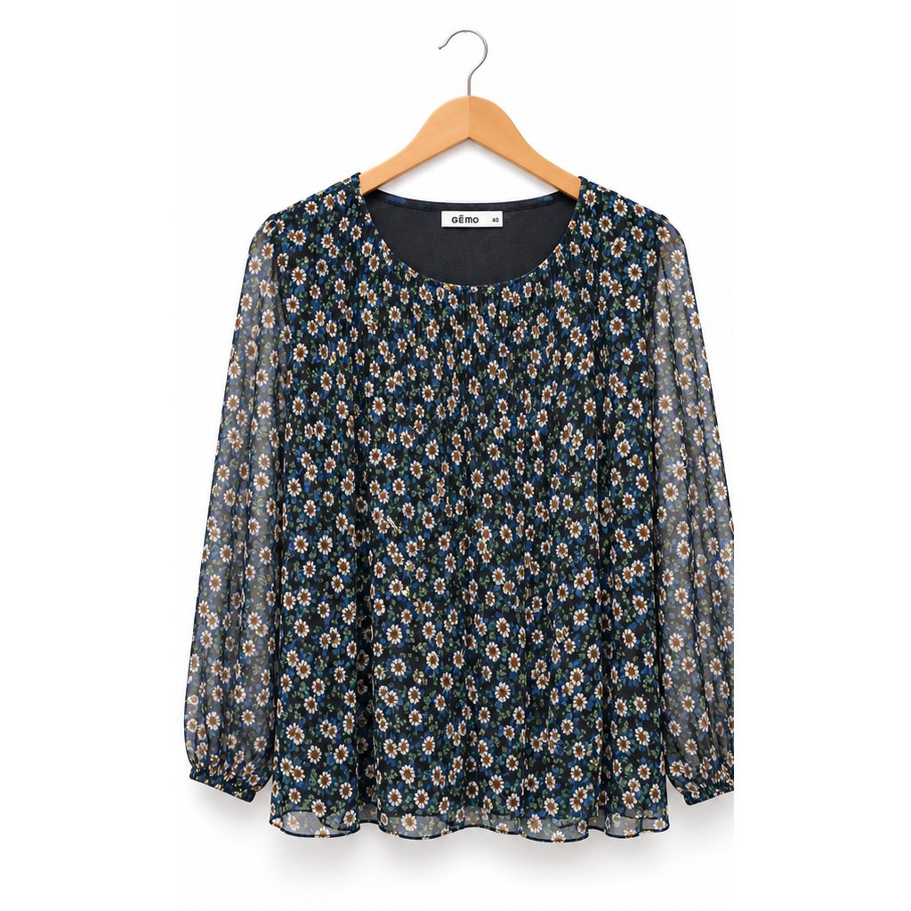 Navy Ditsy Floral Sheer Sleeve Blouse by Poshiza, view 2