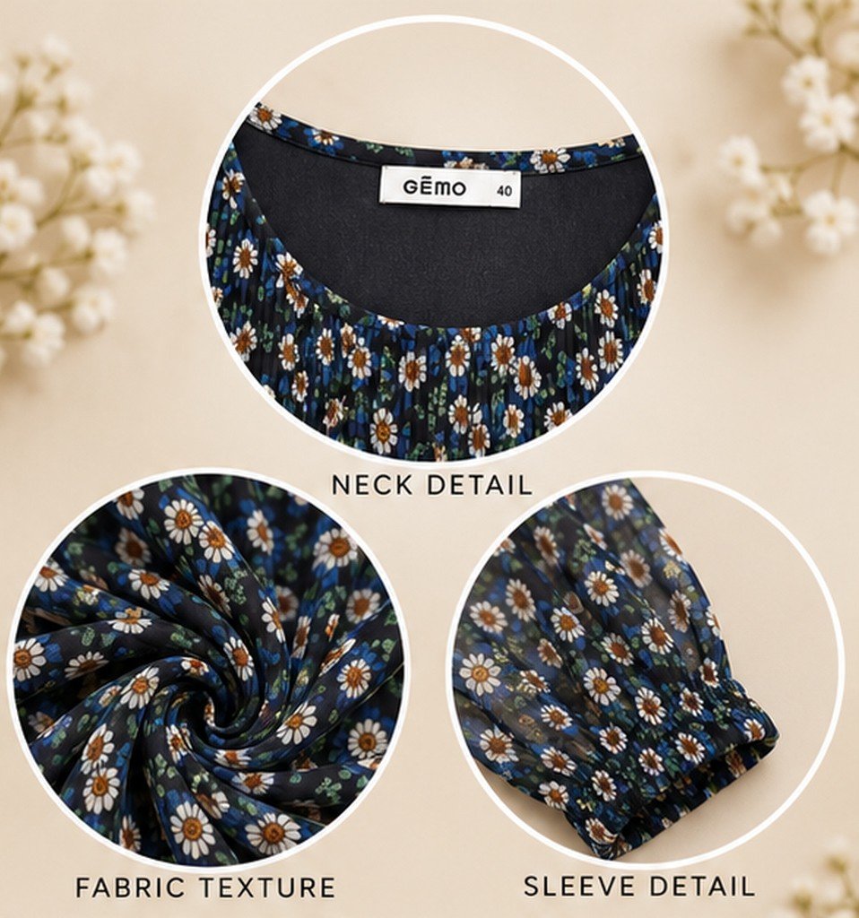 Navy Ditsy Floral Sheer Sleeve Blouse by Poshiza, view 3