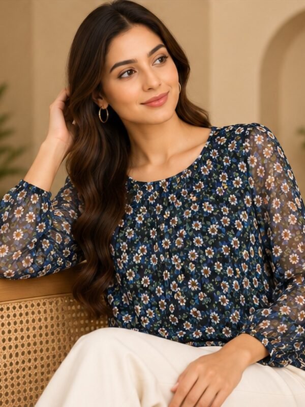 Navy Ditsy Floral Sheer Sleeve Blouse by Poshiza, view 1
