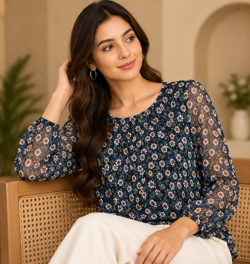 Navy Ditsy Floral Sheer Sleeve Blouse by Poshiza, view 1