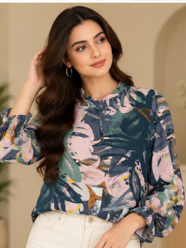 Teal Tropical Leaf Print Blouse by Poshiza, view 1