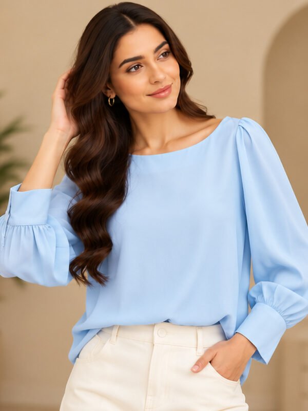 Sky Blue Boat Neck Flared Sleeve Top by Poshiza, view 1