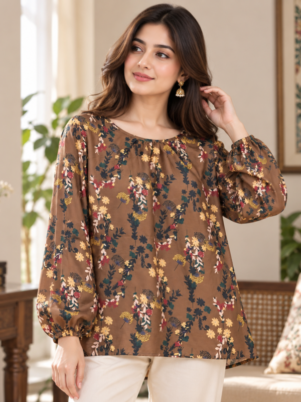 Brown Paisley Print Blouse by Poshiza, view 1