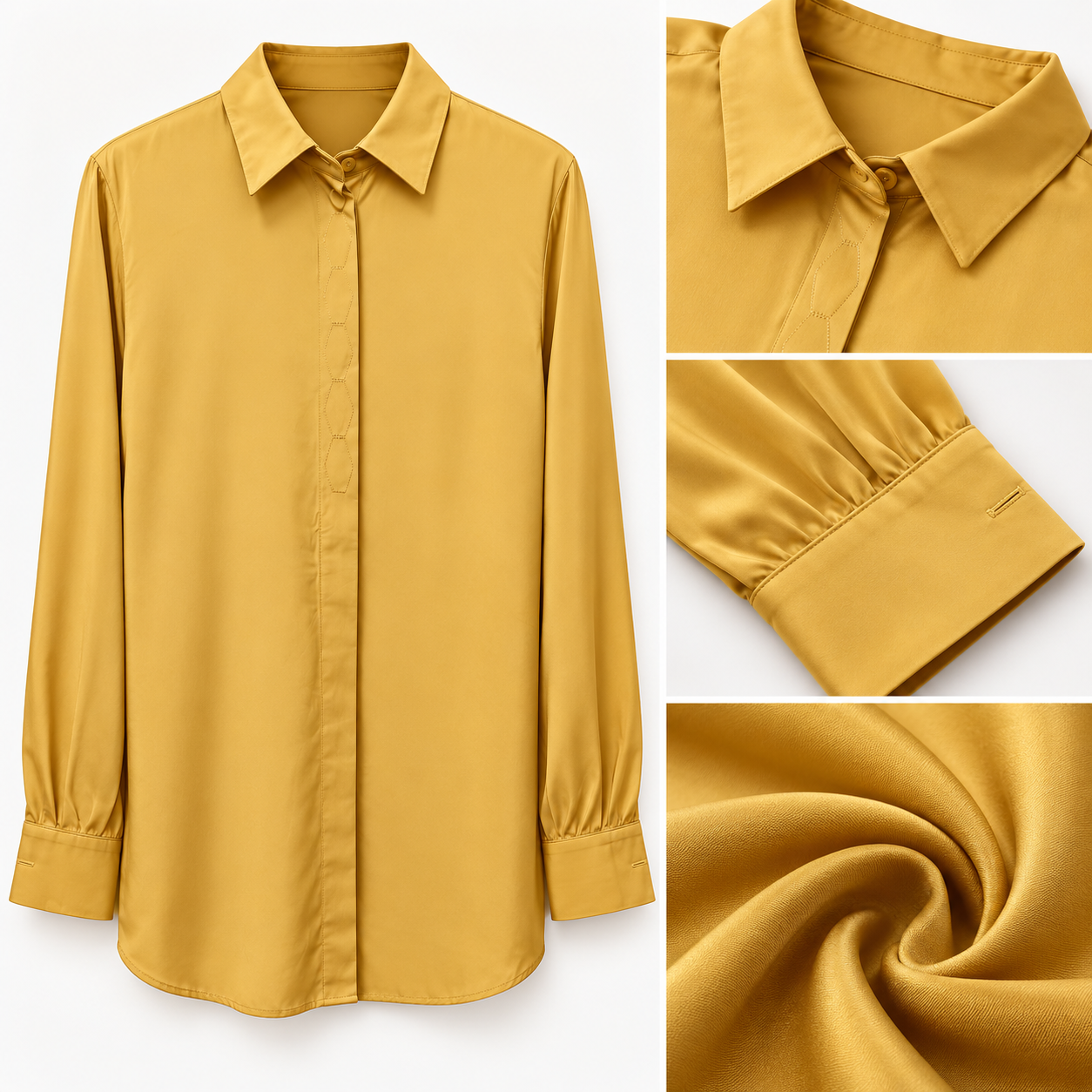 Mustard Glossy Button Down Shirt by Poshiza, view 3