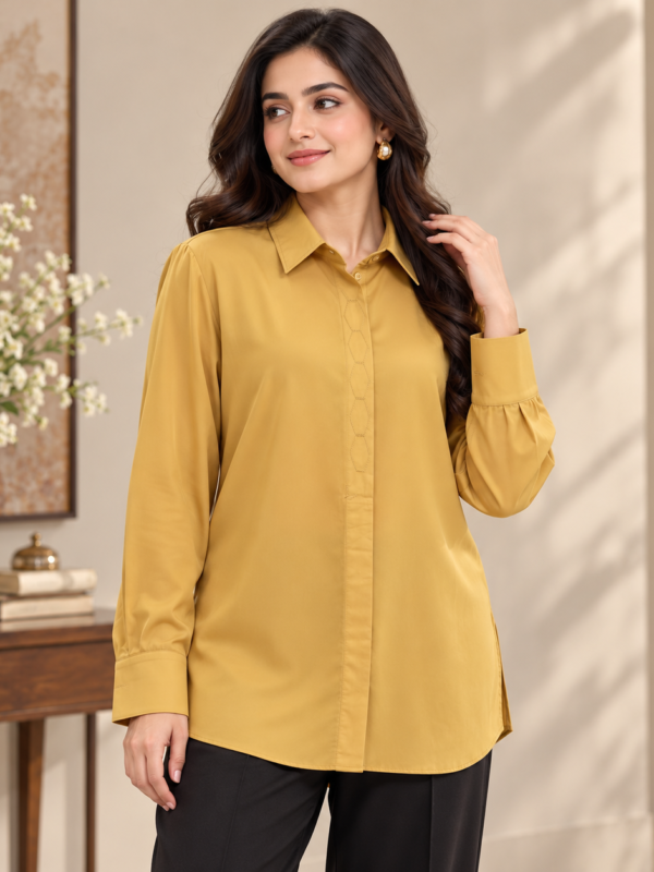 Mustard Glossy Button Down Shirt by Poshiza, view 1