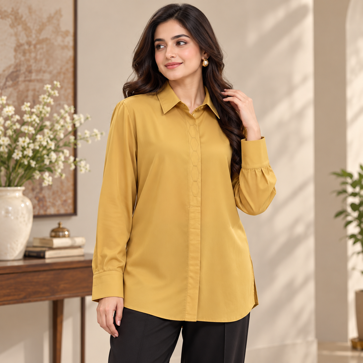 Mustard Glossy Button Down Shirt by Poshiza, view 1