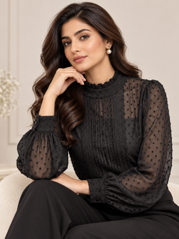 Black Lace Panel High Neck Blouse by Poshiza, view 1