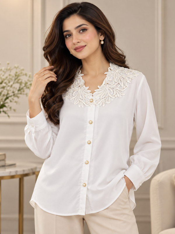 White Lace Collar Button Down Shirt by Poshiza, view 1